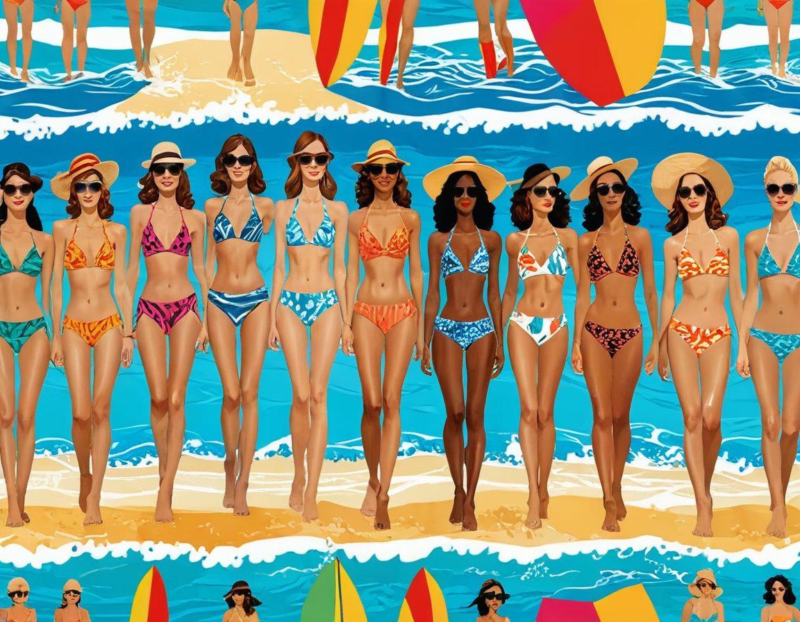 A collage of diverse bikini styles throughout history, showcasing designs from different cultures and eras. Include vintage bikinis from the 1920s, modern trendy styles, and traditional cultural swimsuits, all on a vibrant beach setting. Stylized silhouettes of women enjoying the sun and surf, with an array of colorful waves in the background. The image should have a playful and lively tone. vibrant colors. digital collage art.